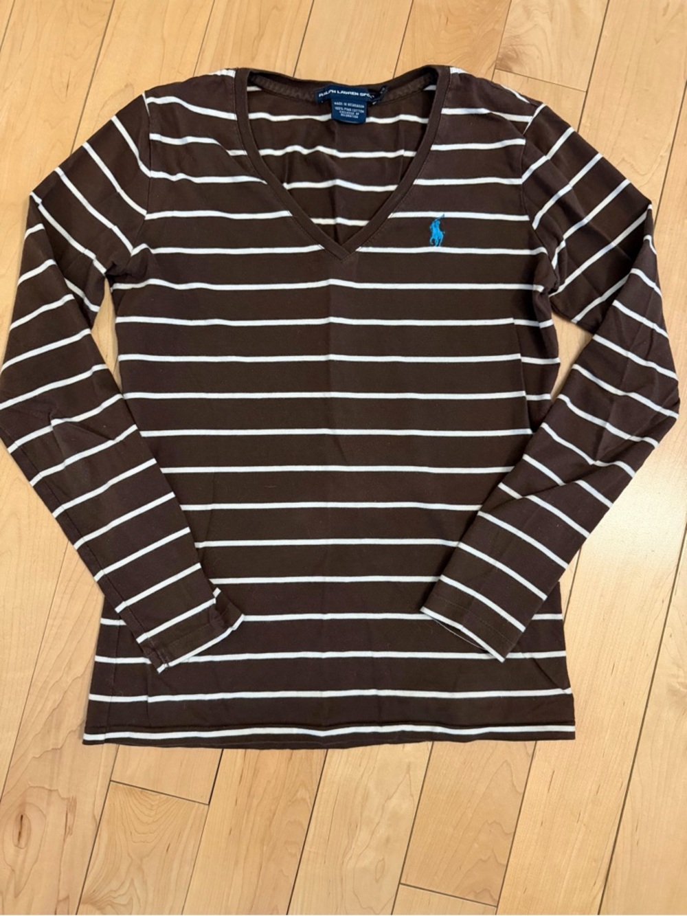 Ralph Lauren Brown & White Striped V-Neck Tee with Blue Polo Logo